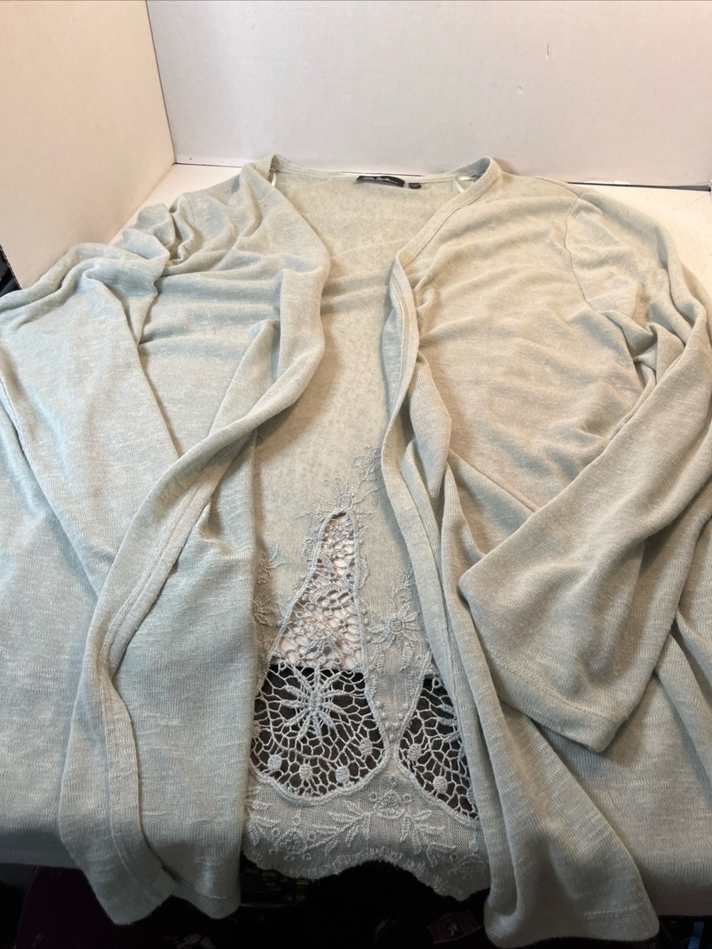 Ulla Popken Light Sage Open-Front Cardigan with Lace Panel